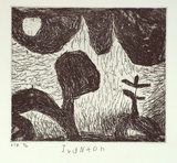 Artist: Janyka, Nixon Ivy. | Title: not titled [dark boulder-like forms made up of dense lines] | Date: 1997, February | Technique: etching, printed in black ink, from one plate
