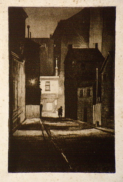 Artist: b'Hunter, William.' | Title: b'White House (little Bourke). (An alley at night)' | Date: 1940s | Technique: b'etching, printed in colour, from two plates in red and black ink'