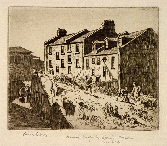 Artist: b'LINDSAY, Lionel' | Title: bOld houses built by Lang's masons, Miller's Point, The Rocks, Sydney | Date: 1936 | Technique: b'etching, printed in brown ink with plate-tone, from one plate' | Copyright: b'Courtesy of the National Library of Australia'