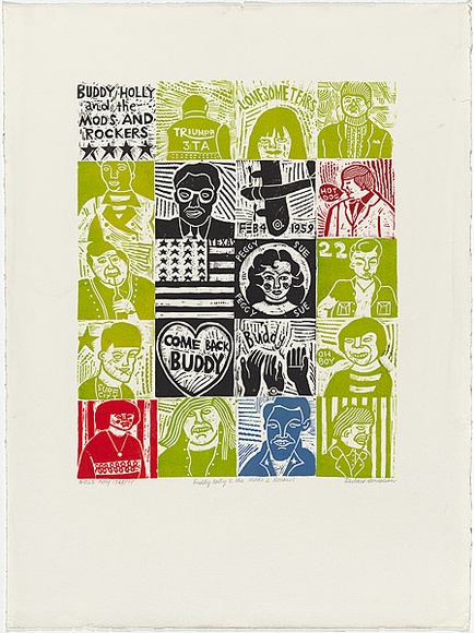 Artist: b'HANRAHAN, Barbara' | Title: b'Buddy Holly and the Mods and Rockers' | Date: 1965 | Technique: b'linocut, printed in colour from 20 blocks, each separately inked and placed in a grid before printing'