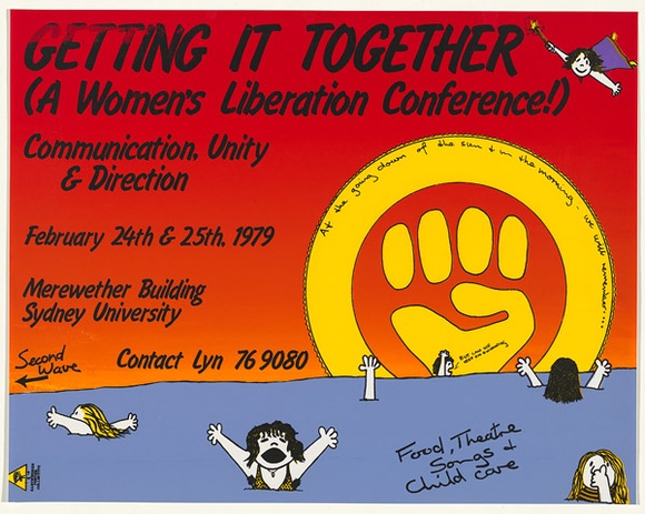 Artist: b'Robertson, Toni.' | Title: bGetting it together (A Women's Liberation Conference!) | Date: 1979 | Technique: b'screenprint, printed in colour, from four stencils' | Copyright: b'\xc2\xa9 Toni Robertson'