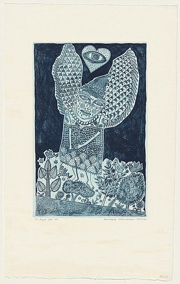 Artist: b'HANRAHAN, Barbara' | Title: b'The angel' | Date: 1989-1990 | Technique: b'etching, printed in blue ink with plate-tone, from one plate'