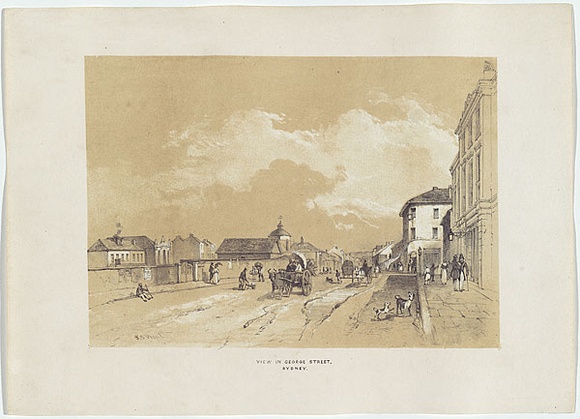 Artist: b'PROUT, John Skinner' | Title: b'View in George Street, Sydney.' | Date: 1842 | Technique: b'lithograph, printed in colour, from two stones (black and brown tint stone)'