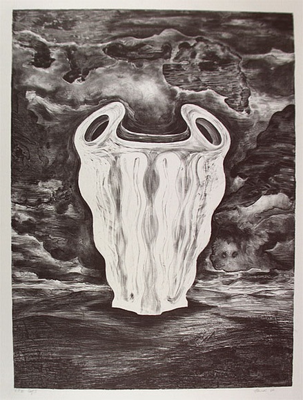 Artist: b'Connors, Anne.' | Title: b'not titled (skull-like vessel)' | Date: c1985 | Technique: b'lithograph, printed in black ink, from one stone'