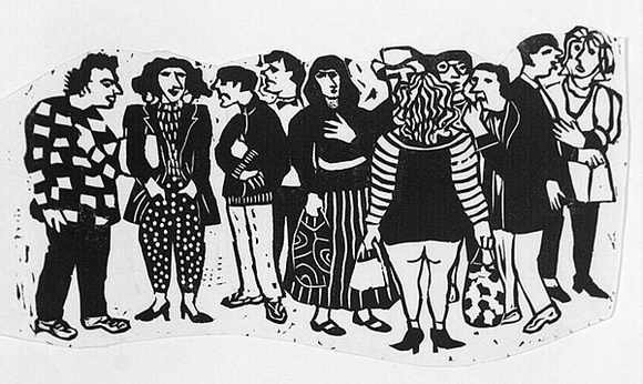 Artist: b'Allen, Joyce.' | Title: b'Waiting.' | Date: 1988 | Technique: b'linocut, printed in black ink, from one block'