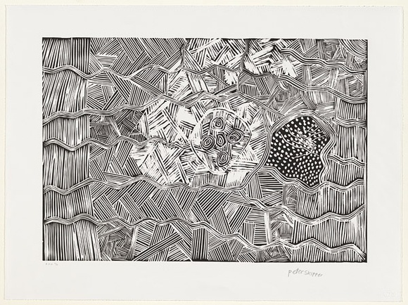 Artist: b'Skipper, Peter.' | Title: b'not titled [linework around central image]' | Date: 1999, October | Technique: b'linocut, printed in black ink, from one block'