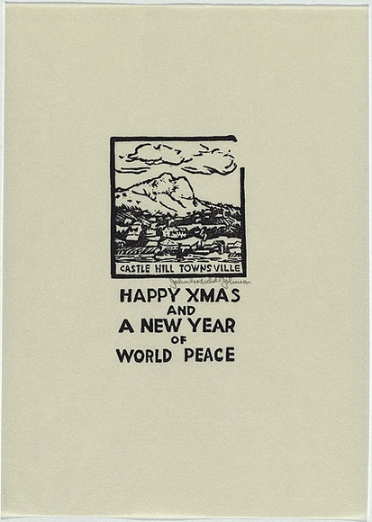 Artist: Johnson, John Godschall. | Title: Greeting card: Happy Xmas and a New Year of World Peace | Date: c.1930 | Technique: woodcut, printed in black ink, from one block