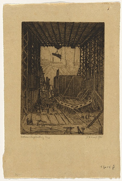 Artist: b'TRAILL, Jessie' | Title: b'Northern shipbuilding' | Date: 1938 | Technique: b'etching and aquatint, printed in black ink with plate-tone, from one plate'