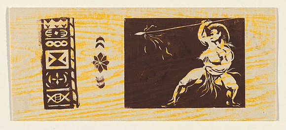 Artist: b'EWINS, Rod' | Title: b'Greeting card: Christmas (spear dance).' | Date: 1965 | Technique: b'wood-engraving, found driftwood, linocut'