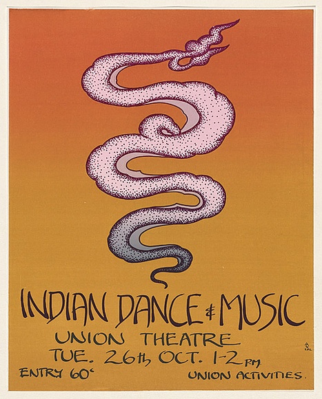 Artist: b'EARTHWORKS POSTER COLLECTIVE' | Title: b'Indian dance & music, Union Theatre.' | Date: 1976 | Technique: b'screenprint, printed in colour, from four stencils'