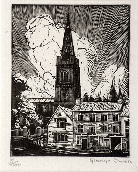 Artist: b'Owen, Gladys.' | Title: b'Wadenhoe Church' | Date: 1932 | Technique: b'wood-engraving, printed in black ink, from one block' | Copyright: b'\xc2\xa9 Estate of David Moore'