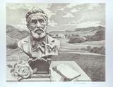 Artist: b'Wadelton, David.' | Title: b'not titled [bust with rose and book on table in a landscape]' | Date: 1999, September | Technique: b'lithograph, printed in colour, from two plates (black and cream tint)'