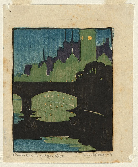 Artist: b'Spowers, Ethel.' | Title: b'Princes Bridge' | Date: c.1927 | Technique: b'linocut, printed in colour, from five blocks'