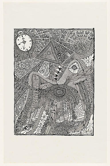 Artist: b'Dickson, Jim.' | Title: b'not titled [black and white surreal composition, clock in upper left corner].' | Date: 1970-1990 | Technique: b'screenprint, printed in black ink, from one stencil'