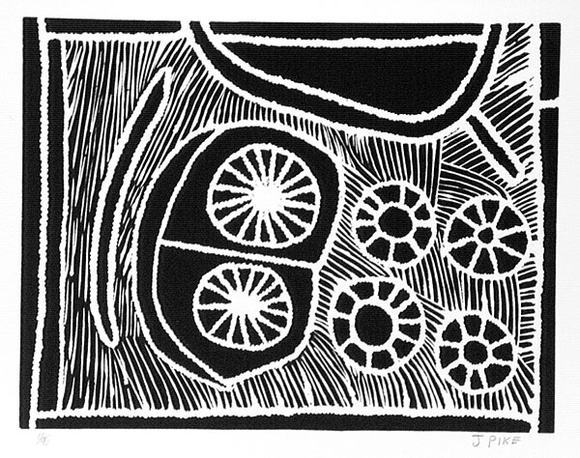 Artist: b'Pike, Jimmy.' | Title: b'Japringka Waterhole - Dreamtime Story 1' | Date: 1985 | Technique: b'screenprint, printed in black ink, from one stencil'