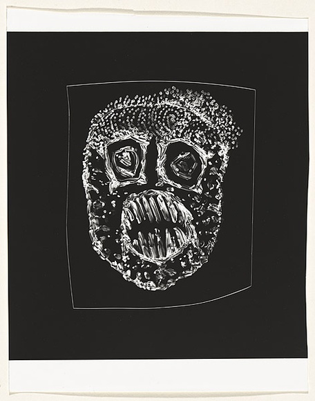 Title: b'not titled [wide-eyed and bearing teeth]' | Date: c.1993 | Technique: b'clich\xc3\xa9-verre, printed in black, from hand-drawn negative'