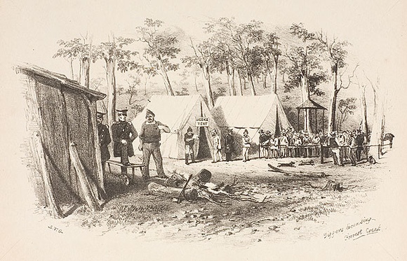 Artist: b'GILL, S.T.' | Title: b'Diggers licensing, Forrest Creek.' | Date: 1852 | Technique: b'lithograph, printed in black ink, from one stone'