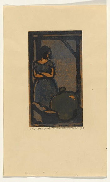 Artist: b'Crombie, Peggy.' | Title: b'Girl with green bottle.' | Date: 1925 | Technique: b'linocut, printed in colour, from multiple blocks'