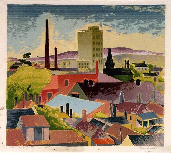 Artist: b'Sumner, Alan.' | Title: b'Grey roofs Prahran' | Date: 1945 | Technique: b'screenprint, printed in colour, from 16 stencils'