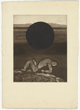 Artist: b'SELLBACH, Udo' | Title: b'(Figure beneath a sphere)' | Technique: b'etching, aquatint printed in brown and black'