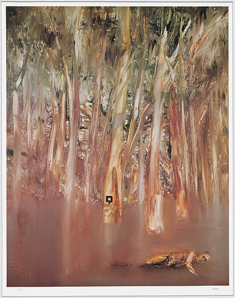 Artist: b'The Pott Still Press.' | Title: b'(Trooper shot by Ned Kelly among trees).' | Date: 1981 | Technique: b'photo-offset lithogaph, printed in colour'