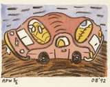 Artist: b'Bowen, Dean.' | Title: b'not titled (pink car)' | Date: 1992 | Technique: b'lithograph, printed in black ink, from one plate; handcoloured'