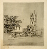 Artist: LINDSAY, Lionel | Title: St Philip's church, Sydney | Date: 1919 | Technique: etching and drypoint, printed in black ink with plate-tone, from one plate | Copyright: Courtesy of the National Library of Australia