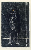 Artist: b'Buckley, Sue.' | Title: b'Bird in the rain.' | Date: 1961 | Technique: b'woodcut, printed in black ink, from one block; hand-coloured' | Copyright: b'This work appears on screen courtesy of Sue Buckley and her sister Jean Hanrahan'