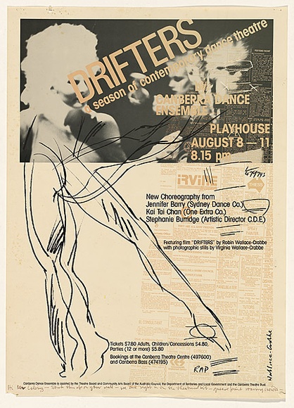 Title: b'Drifters: a season of contemporary dance theatre' | Date: 1984 | Technique: b'screenprint, printed in colour, from multiple stencils'