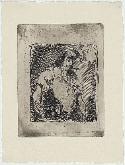 Artist: b'Dyson, Edward Ambrose.' | Title: b'(Digger smoking a pipe).' | Date: c.1942 | Technique: b'etching, lavis, printed in black ink, from one zinc plate'