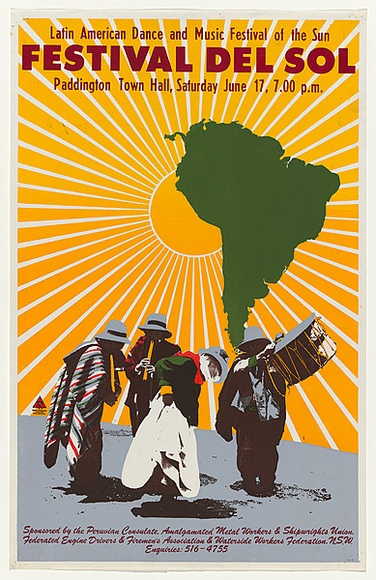 Artist: MACKINOLTY, Chips | Title: Latin American dance and music festival of the sun. Festival del sol [1978] | Date: 1978 | Technique: screenprint, printed in colour, from multiple stencils
