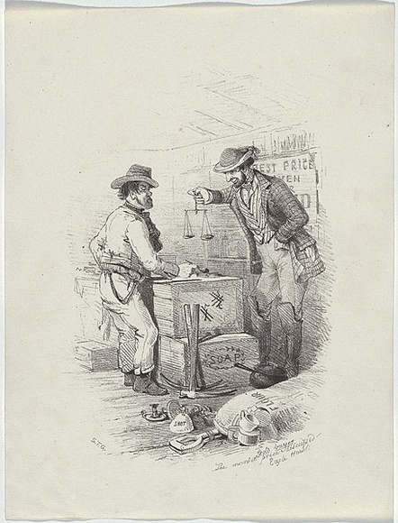 Artist: b'GILL, S.T.' | Title: b'Gold buyer, the market price discussed, Eagle Hawk.' | Date: 1852 | Technique: b'lithograph, printed in black ink, from one stone'