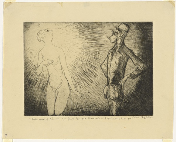 Artist: b'Dyson, Will.' | Title: b'Our immortals: Much more of this from you George Bernard Shaw and Dr Freud shall hear of it!.' | Date: c.1929 | Technique: b'drypoint, printed in black ink, from one plate'