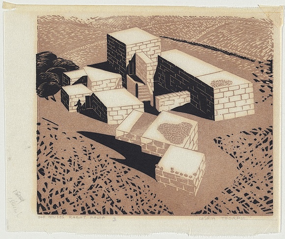 Artist: b'Thorpe, Lesbia.' | Title: b'Old houses, Rabat, Malta.' | Date: c.1956 | Technique: b'linocut, printed in colour, from two blocks'