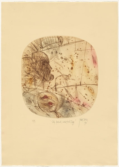 Artist: b'Olsen, John.' | Title: b'Self portrait with fried eggs.' | Date: 1990 | Technique: b'etching, aquatint, printed in colour with plate-tone, from one plate'