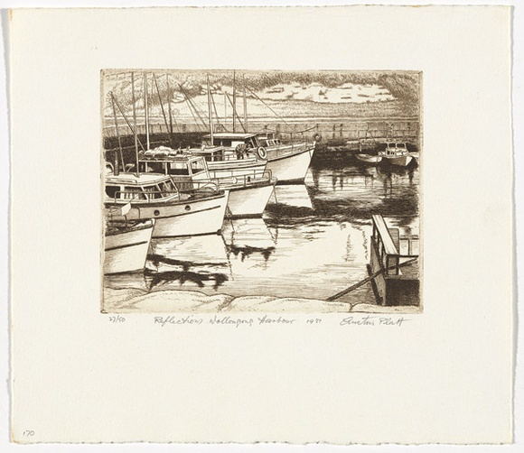Artist: b'PLATT, Austin' | Title: b'Reflections, Wollongong harbour' | Date: 1981 | Technique: b'etching, printed in black ink, from one plate'