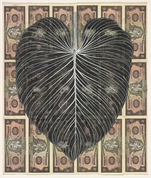 Artist: b'HALL, Fiona' | Title: b'Philodendron mamei - Quilted silver leaf (Ecuadorian currency)' | Date: 2000 - 2002 | Technique: b'gouache' | Copyright: b'\xc2\xa9 Fiona Hall'