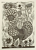 Artist: b'HANRAHAN, Barbara' | Title: b'Rooster girls.' | Date: 1989 | Technique: b'linocut, printed in black ink, from one block'
