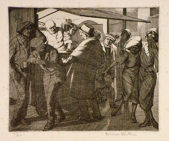 Artist: b'Hawkins, Weaver.' | Title: b'Coffee stall' | Date: 1921 | Technique: b'etching, printed in black ink, from one  plate' | Copyright: b'The Estate of H.F Weaver Hawkins'