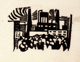 Artist: b'Barwell, Geoff.' | Title: b'(Millhands).' | Date: (1955) | Technique: b'linocut, printed in black ink, from one block'