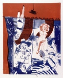 Artist: HANRAHAN, Barbara | Title: The man with the gun shoots at the dolls. | Date: 1965 | Technique: lithograph, printed in colour, from two plates