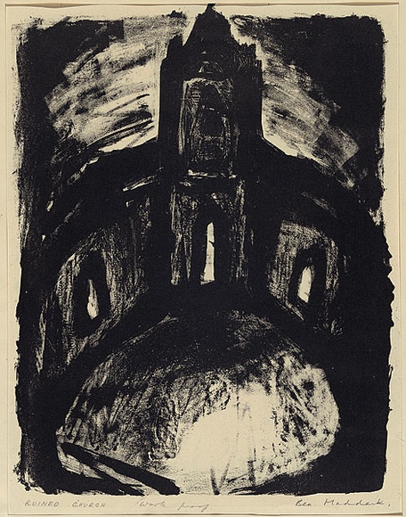 Artist: b'MADDOCK, Bea' | Title: b'Ruined church' | Date: 1961 | Technique: b'lithograph, printed in black ink, from one stone'