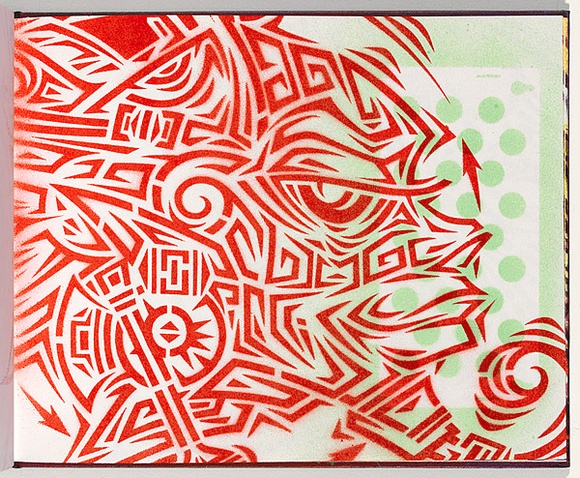 Title: b'Derailed' | Date: 2003 | Technique: b'stencil, printed in red and green aerosol paint, from two stencils'