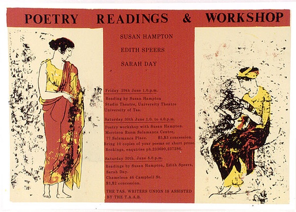 Artist: b'Burrows, Lola.' | Title: b'Poetry readings and workshop.' | Date: 1984 | Technique: b'screenprint, printed in colour, from four stencils'