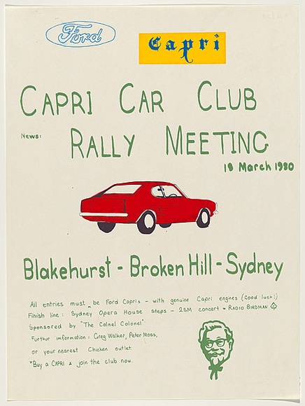 Artist: b'UNKNOWN' | Title: b'Capri Car Club rally meeting.' | Date: 1979 | Technique: b'screenprint, printed in colour, from three stencils'
