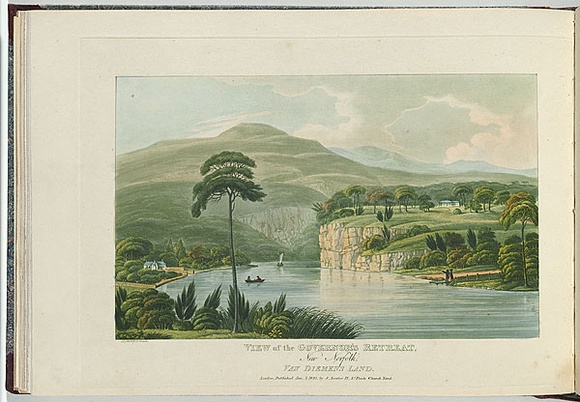 Artist: b'Lycett, Joseph.' | Title: bView of the Governor's Retreat, New Norfolk, Van Diemen's Land. | Date: 1825 | Technique: b'etching and aquatint, printed in black ink, from one copper plate; hand-coloured'