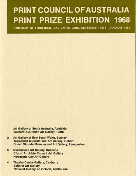 Artist: b'PRINT COUNCIL OF AUSTRALIA' | Title: b'Exhibition catalogue | Print prize exhibition 1968 [touring exhibition]. Melbourne: Print Council of Australia,1968.' | Date: 1968