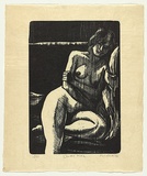 Artist: b'AMOR, Rick' | Title: b'Seated nude.' | Date: 1984 | Technique: b'woodcut, printed in black ink, from one block'