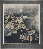 Artist: b'Thorpe, Lesbia.' | Title: b'Sleeping village' | Date: 1977 | Technique: b'woodcut, printed in colour, from four blocks'