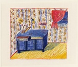 Artist: Eager, Helen. | Title: (Side board with reading lamp). | Date: 1975 | Technique: lithograph, printed in colour, from multiple blocks; with cut section folding to reveal 2nd colour lithograph